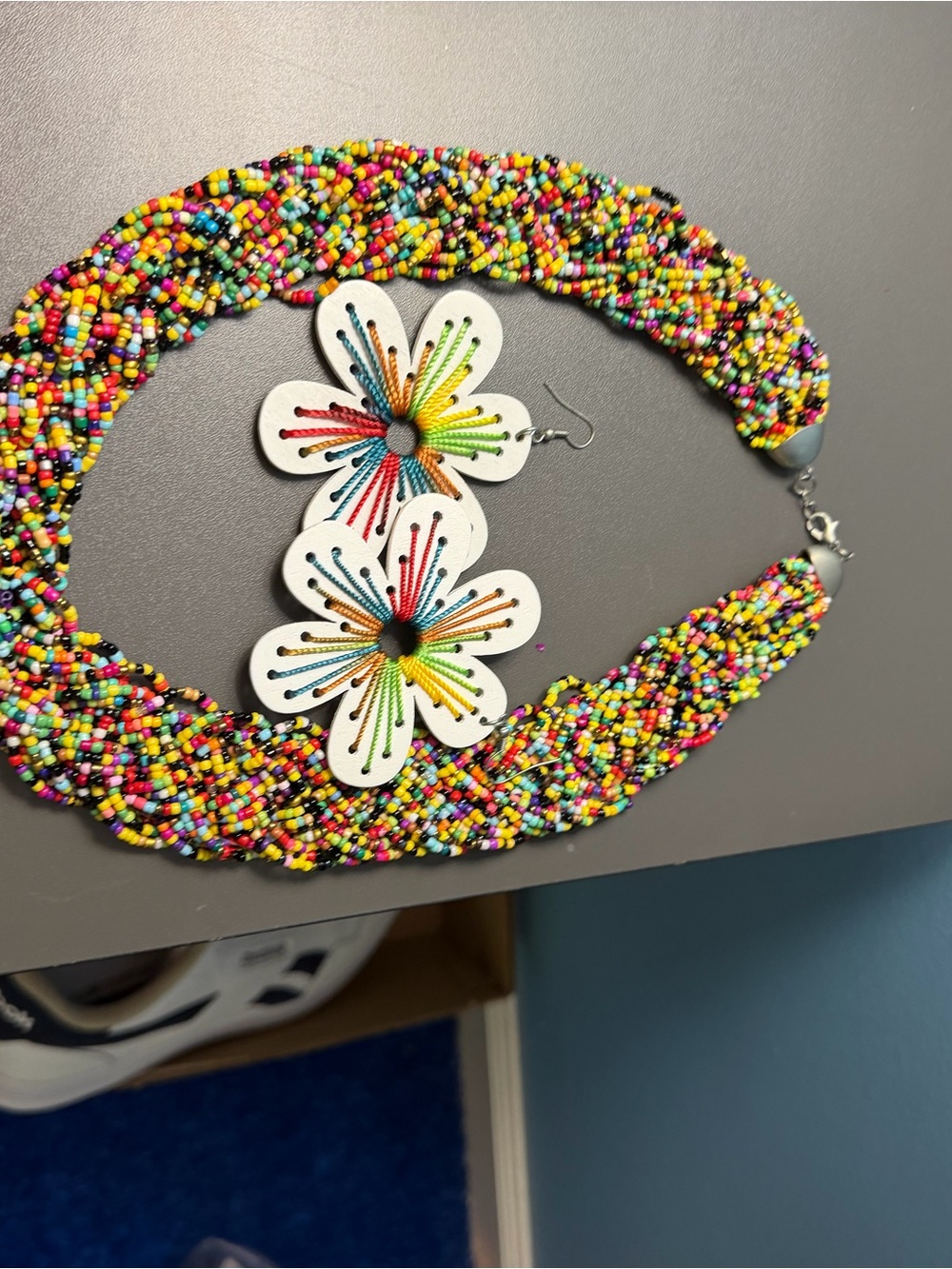 Multicolor Seed Bead Braided Necklace with Floral Drop Earrings